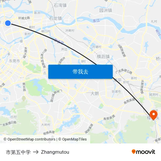 市第五中学 to Zhangmutou map