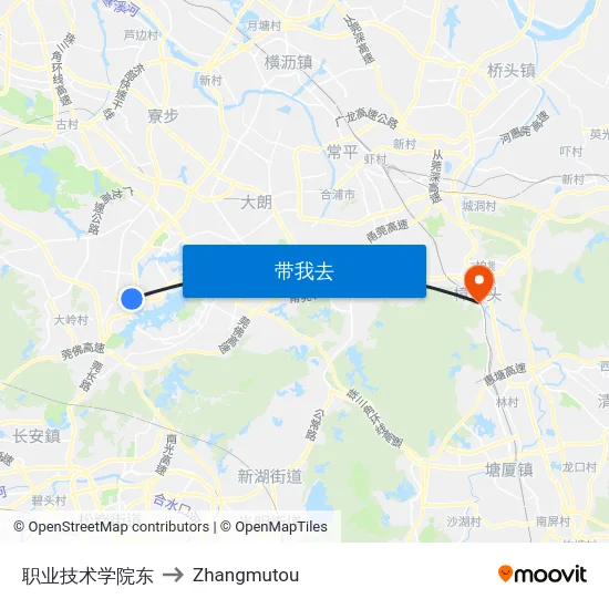 职业技术学院东 to Zhangmutou map