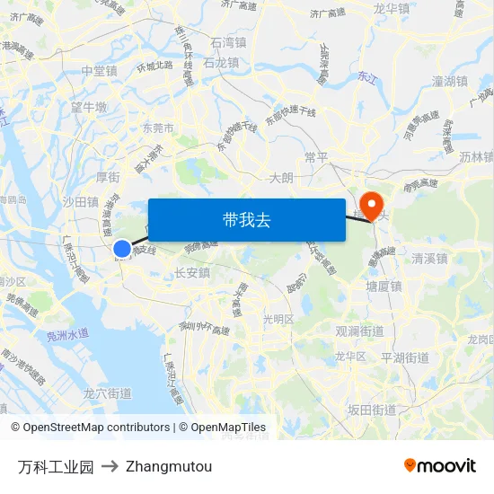万科工业园 to Zhangmutou map