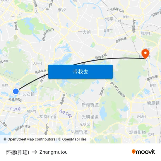 怀德(雅瑶) to Zhangmutou map