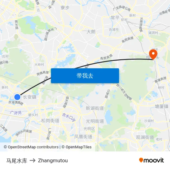 马尾水库 to Zhangmutou map