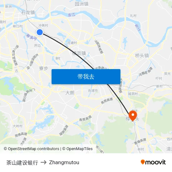 茶山建设银行 to Zhangmutou map