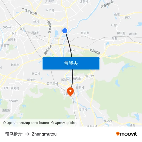 司马牌坊 to Zhangmutou map