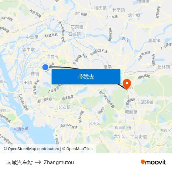南城汽车站 to Zhangmutou map