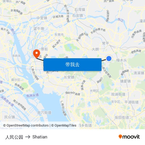 人民公园 to Shatian map