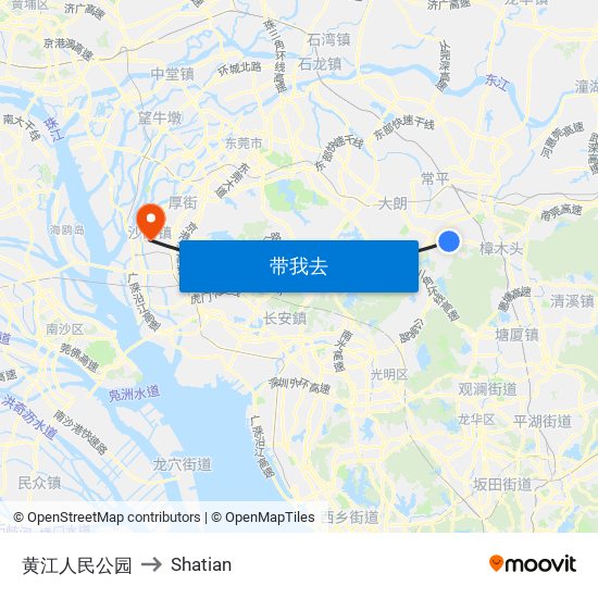 黄江人民公园 to Shatian map