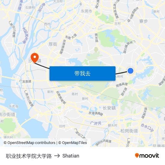 职业技术学院大学路 to Shatian map