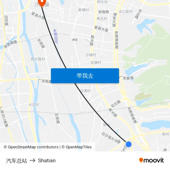 汽车总站 to Shatian map