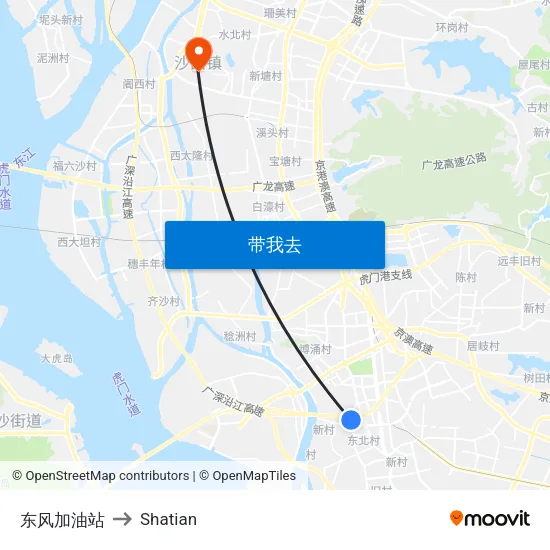 东风加油站 to Shatian map