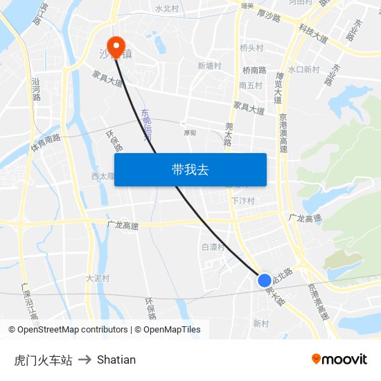 虎门火车站 to Shatian map