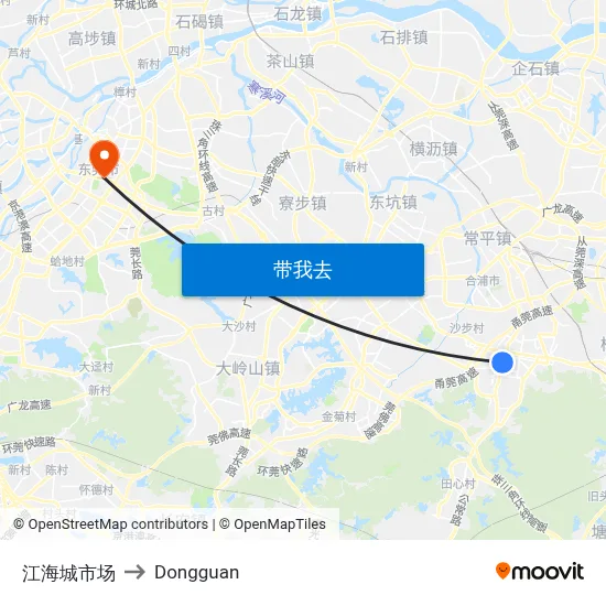 江海城市场 to Dongguan map