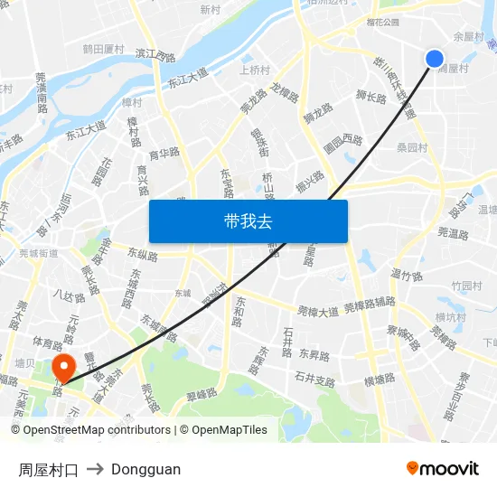 周屋村口 to Dongguan map