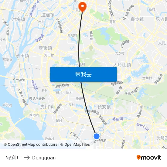 冠利厂 to Dongguan map