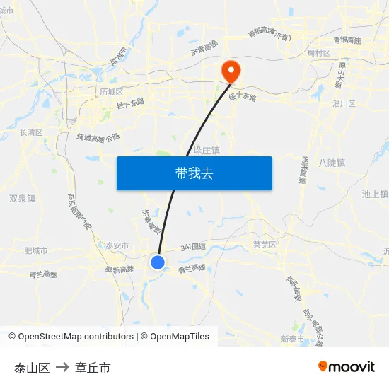 泰山区 to 章丘市 map
