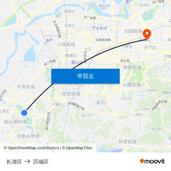 长清区 to 历城区 map