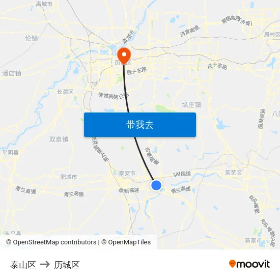 泰山区 to 历城区 map