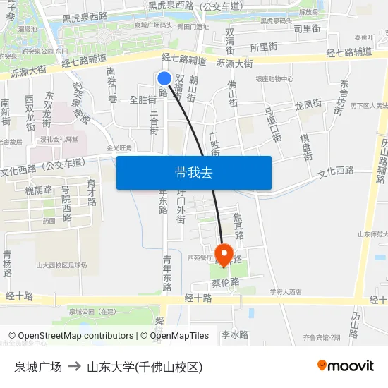 泉城广场 to 山东大学(千佛山校区) map