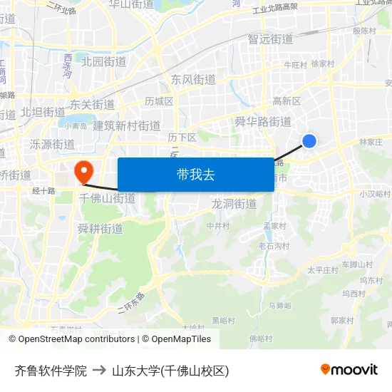 齐鲁软件学院 to 山东大学(千佛山校区) map