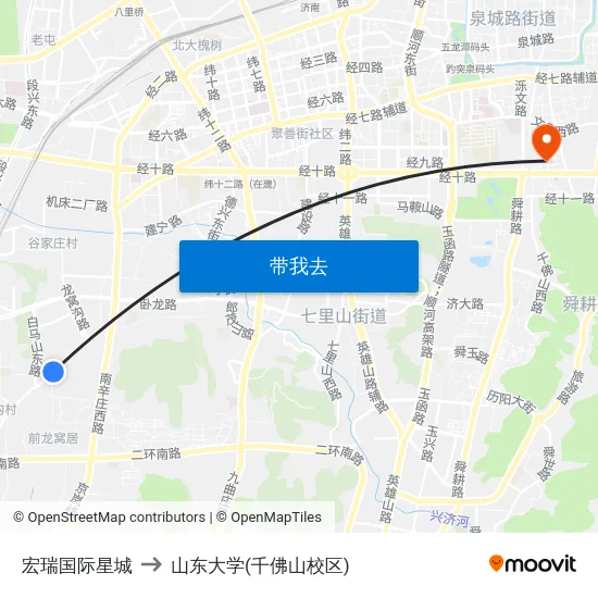 宏瑞国际星城 to 山东大学(千佛山校区) map