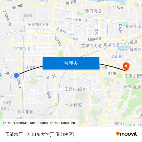 玉清水厂 to 山东大学(千佛山校区) map