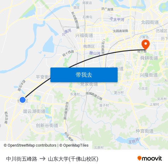 中川街五峰路 to 山东大学(千佛山校区) map