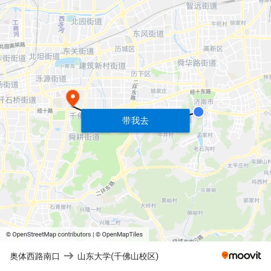 奥体西路南口 to 山东大学(千佛山校区) map