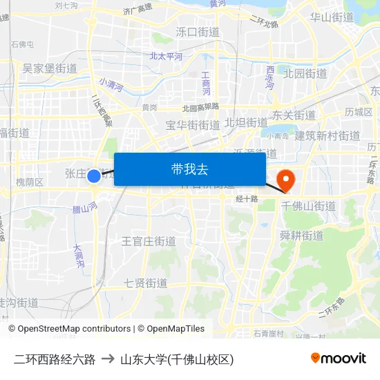 二环西路经六路 to 山东大学(千佛山校区) map