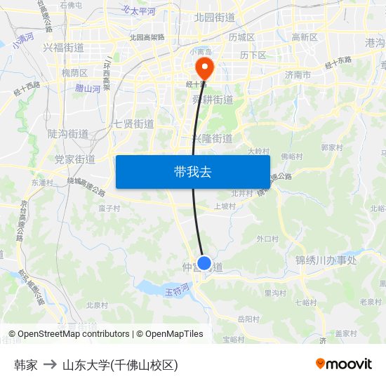 韩家 to 山东大学(千佛山校区) map