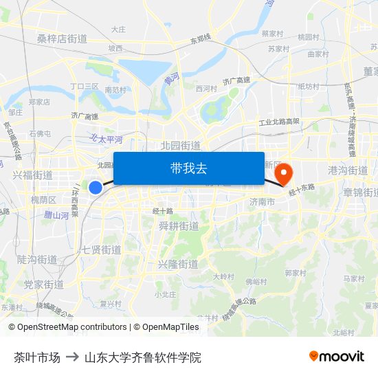 荼叶市场 to 山东大学齐鲁软件学院 map