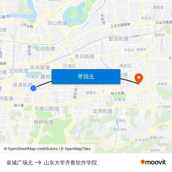 泉城广场北 to 山东大学齐鲁软件学院 map