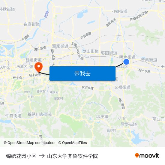 锦绣花园小区 to 山东大学齐鲁软件学院 map