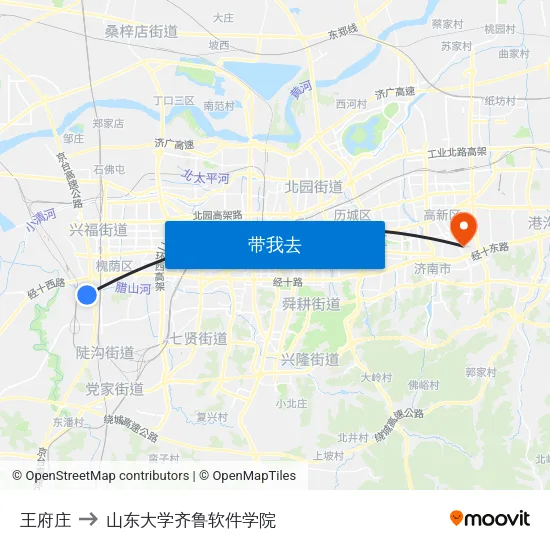 王府庄 to 山东大学齐鲁软件学院 map