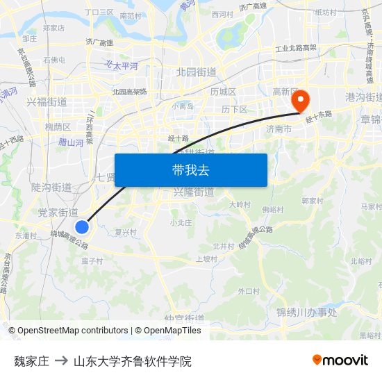 魏家庄 to 山东大学齐鲁软件学院 map