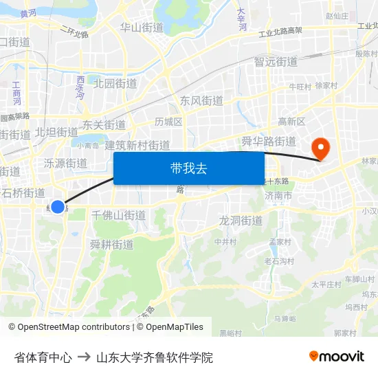省体育中心 to 山东大学齐鲁软件学院 map