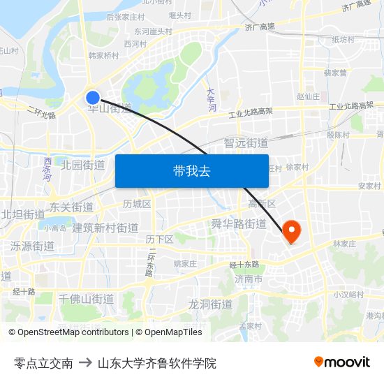 零点立交南 to 山东大学齐鲁软件学院 map