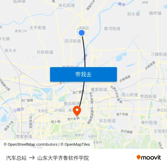 汽车总站 to 山东大学齐鲁软件学院 map