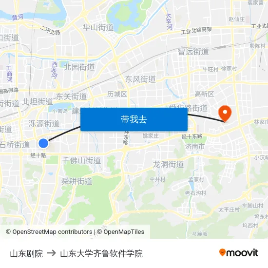 山东剧院 to 山东大学齐鲁软件学院 map