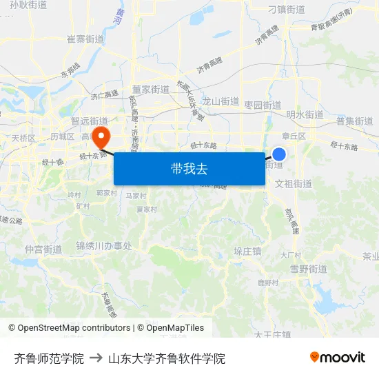 齐鲁师范学院 to 山东大学齐鲁软件学院 map