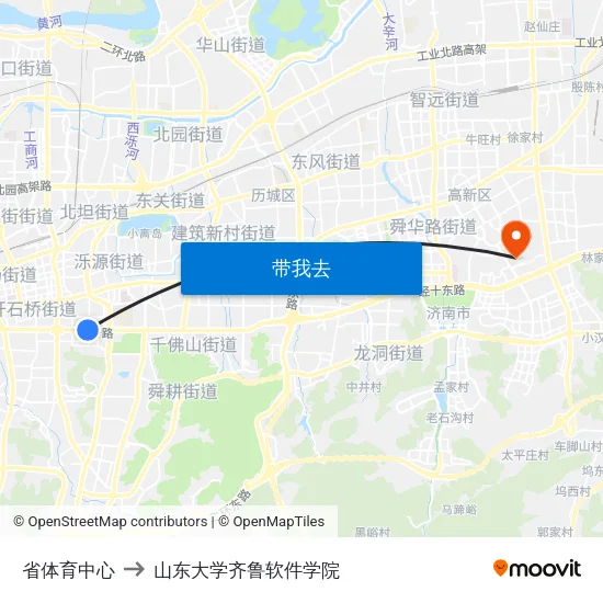 省体育中心 to 山东大学齐鲁软件学院 map