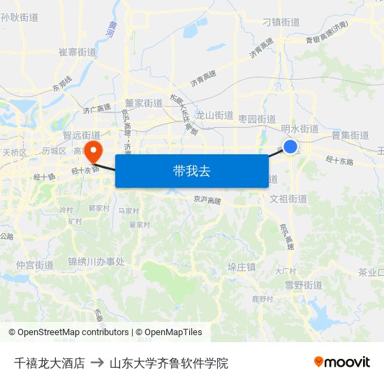 千禧龙大酒店 to 山东大学齐鲁软件学院 map