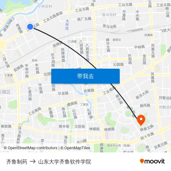 齐鲁制药 to 山东大学齐鲁软件学院 map