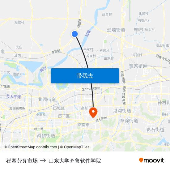 崔寨劳务市场 to 山东大学齐鲁软件学院 map
