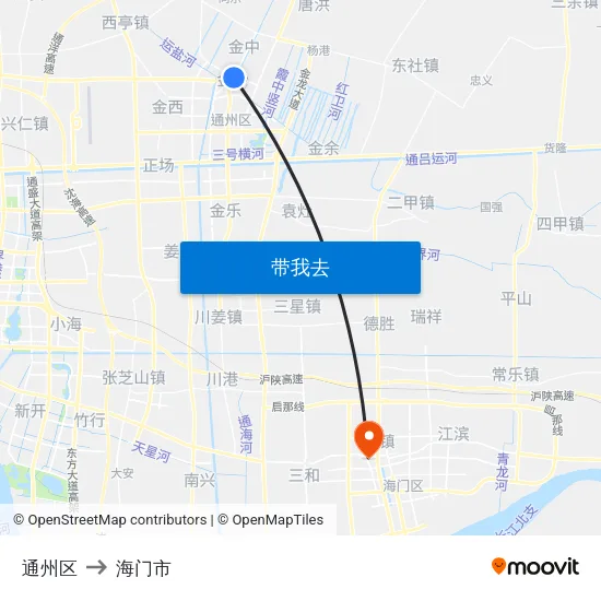 通州区 to 海门市 map