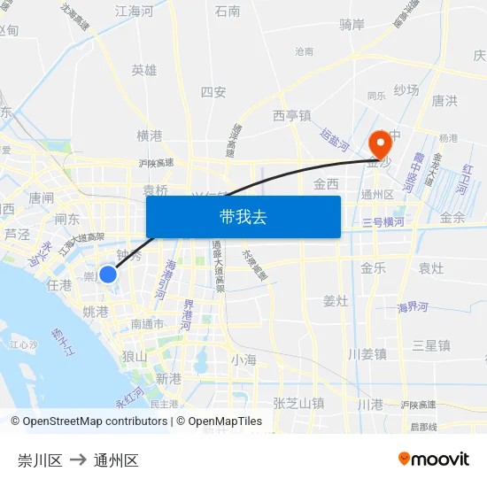 崇川区 to 通州区 map