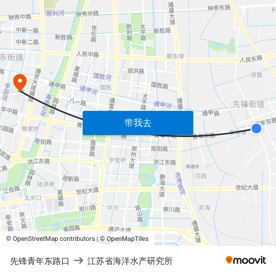 先锋青年东路口 to 江苏省海洋水产研究所 map