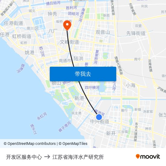 开发区服务中心 to 江苏省海洋水产研究所 map