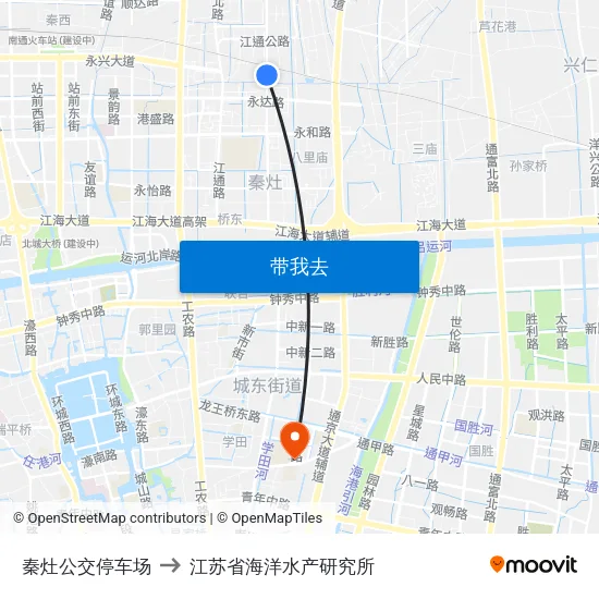 秦灶公交停车场 to 江苏省海洋水产研究所 map