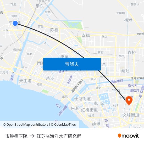 市肿瘤医院 to 江苏省海洋水产研究所 map