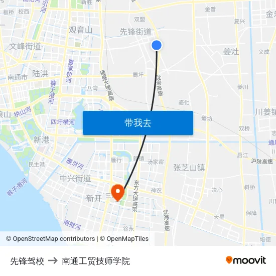 先锋驾校 to 南通工贸技师学院 map