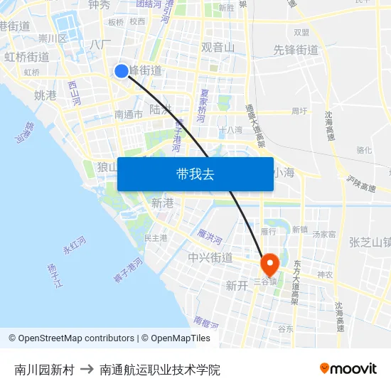 南川园新村 to 南通航运职业技术学院 map